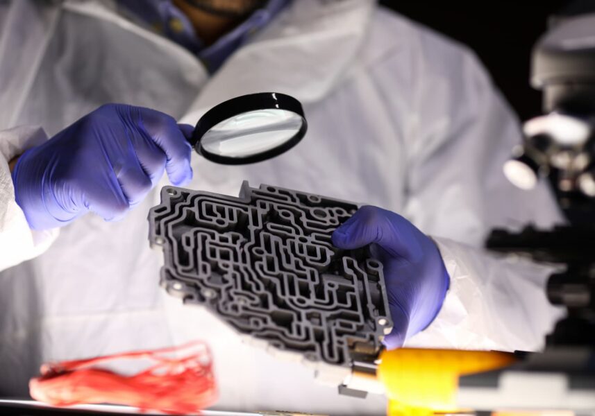 Tecnico in laboratorio che ispeziona un componente di cambio automatico con lente d’ingrandimento.